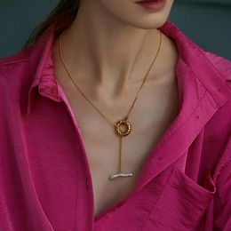 Chains Peri'sBox Long Chain Necklace For Women With Pendant Gold Colour OT Clasp Freshwater Pearls Hammered Cute Fashion