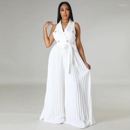 Ethnic Clothing Elegant Pleated Jumpsuits For Women Dashiki African Fashion Sleeveless Bandage Loose Streetwear Overalls Wide Leg Pants Lady