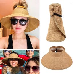 Wide Brim Hats Summer Women Straw Hat Breathable 13cm Large Empty Top Cap Bowknot Outdoor Travel Sun Magic Tape Foldable Beach
