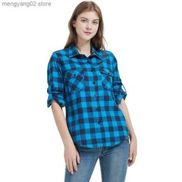 Women's Blouses Shirts Women Tops Collared Button Down shirts Ladies Blouses Roll up Long Sleeve Western Tartan Plaid Flannel Shirt Hot Sale plus size T230508