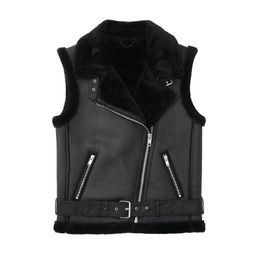 Waistcoats Black Fur Vest Faux Sheepskin Waistcoat Chic Lady Faux Leather Fleece Oversized Vest Woman Sleeveless Jacket Fall Winter