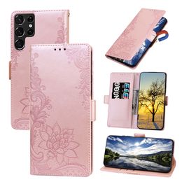 Rose 3 Cards Slot Wallet Cell Phone Case Cases For Galaxy S23 S22 S21 S20 Ultra Plus A14 A34 A54 A13 A23 A33 A53 A03 Lace Embossed double Buckle Full protection case
