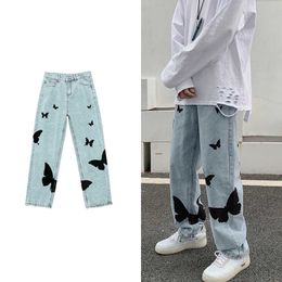 Men's Jeans 2022 Butterfly print Jeans for Men Pants Loose Baggy Jeans Casual Denim Pants Stretch Straight Fashion Trousers women Clothing Z0508
