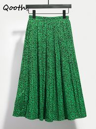 Skirts Qooth Floral Print High Waist A-line Skirt Women Summer Midi Skirt Elegant Long Pleated Skirt QT1656 230508