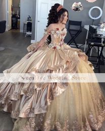 Cute 2023 Princess Quinceanera Dresses Off Shoulder Champagne Appliques Flowers Mexican Girls Ball Gown Sweet 16 Dresses