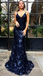 Sexy Evening Dresses Mermaid Formal Prom Party Gown V-Neck Spaghetti Floor-Length Sweep Train Applique Sequins Lace long Backless Custom