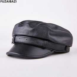 Wide Brim Hats FUZAIBAZI Youth Spring Fall Fashion Genuine Leather Women's Men's Military Trend Sheepskin Winter Flat Cap