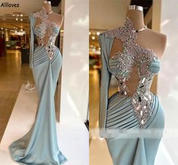 Shoulder One Sage Unique Long Sleeve Evening Dresses for Women Lace Appliqued Rhinestones Pleated Mermaid Prom Gowns Hollow Out Sexy Formal Robe De Soiree