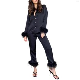 Women's Sleepwear Tops Pants Long Sleeve Feather Trim Loungewear Solid Lapel Casual Women Pyjama Set Button Down Smooth Soft With Pocket