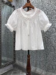 Women's Blouses 2023 Women Fashion Short Sleeve Sexy Casual Lace-up Vertical Stripe Straight Tube Doll Shirt Versatile Top 0408
