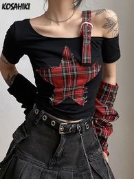 Women's T-Shirt KOSAHIKI Summer Star Patchwork Crop Tops Plaid T Shirt Women Fashion Off Single Shoulder Y2k Tee OverSleeve Fairy Grunge Shirts 230508