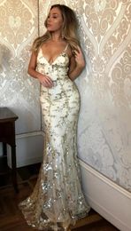 Sexy Mermaid Evening Dresses Formal Prom Party Gown Spaghetti Floor-Length Sweep Train Sequins Lace long Lace Up Backless Custom