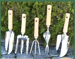 Source Factory Gardening Wooden Handle Stainless Steel Tool Set Hand Shovel Loose Fork Trident Rake Stainless Steel Weeding Machine