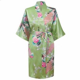 Women's Sleepwear Olive Drab Fashion Peacock Kimono Bath Robe Nightgown Gown Yukata Bathrobe With Belt S M L XL XXL XXXL KQ-14