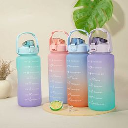 New 2 Liters Capacity Water Bottle with Straw Gradient with Color Hand -assisted Accessories Bring Time Marking Large Plastic Cups