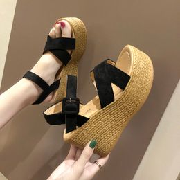 Sandals Fashion Womens Shoes Black Platform Sandals With Heel Suit Female Beige Buckle Strap Muffins shoe Luxury Espadrilles 230508