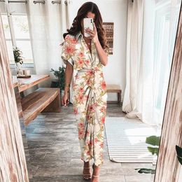 Casual Dresses Vintage Boho Floral Shirts Summer Women V-neck Waist Ruched Maxi Long Dress Elegant Female Evening Party