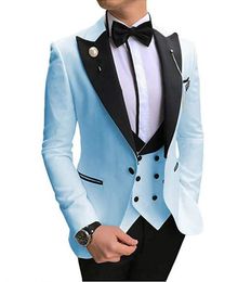 Hot Recommend Light Blue Groom Tuxedos Men Formal Black Lapel Slim Fit Suits Business Men Wear Wedding Prom Dinner Suits Jacket Pants Tie Vest 110