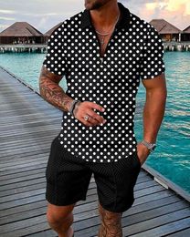 Men's Tracksuits Summer Sports Suit Men 3D Printed Casual Short Sleeve T Shirt Men's Lapel Zip Polo Shirt Men's Clothing Mens Polos Tracksuit 230508
