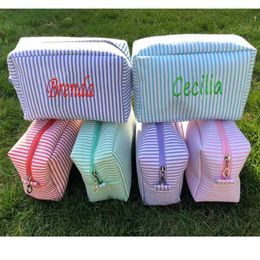 Cosmetic Bags Cases Embroidered Seersucker Cosmetic Bag Custom Name Women's Travel Toiletry Bag Personalised Stripe Gift Handbag Purse Bag for Lady 230508