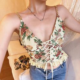Women's Tanks Retro Elegant Sexy Backless Lace Top Metal Chain Sling Printed Vest Woman Streetwear Vintage Tank Sleeveless Tee Y2k Clothes