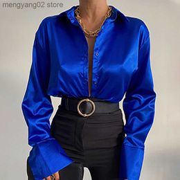 Women's Blouses Shirts Elegant Vintage Silk Blouse Office Women Long Sleeve Blue Satin Shirt Autumn Green Casual Women Loose Female Shirts Tops 22717 T230508