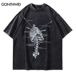 Men's T-Shirts Distressed Oversize Tshirt Streetwear Hip Hop Vintage Skeleton Skull Print Punk Gothic T-Shirt Harajuku Casual Loose Tee Shirts 230506