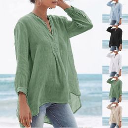 Women's Blouses Women Shirt V Neck Casual All Match Fine Sewing Craft Skin-touch Everyday Wearing Flax Three-quarter Sleeve Lady Clothing