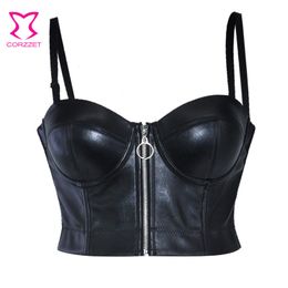 Camisoles Tanks Steampunk Black PU Leather Zippper Push Up Bralet Sexy Women Bustier Gothic Punk Bra Lingerie Night Club Party Cropped Top Vest 230508