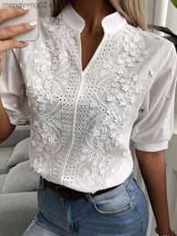 Women's Blouses Shirts Summer Floral Embroidery Lace Blouse Women Hollow-out Stand Collar V Neck Casual Shirt Elegant Short Sleeve Cotton Tops 24350 T230508