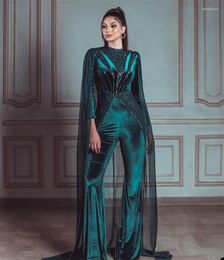 Party Dresses Green Jumpsuit Velvet Evening Dress Long Sleeves With Wrap Beads Custom Made Appliques Elegant Prom Gowns