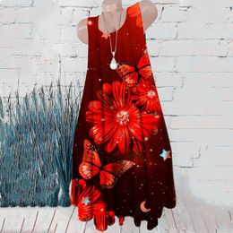 Casual Dresses Summer Sleeveless Women Red A-Line Floral Pattern 3D Print Fashion Dress Beach Loose Ladies Short