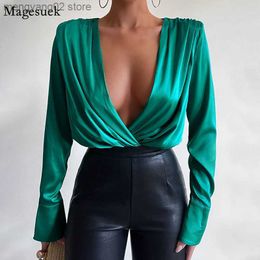 Women's Blouses Shirts Sexy Deep V-neck Satin Bodysuit Shirts Ladies 2023 Silk Blouse Women Casual Loose Office Lady Pleated Long Sleeve Tops 19379 T230508