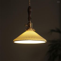 Pendant Lamps Modern Retro Pleated Ceramic Led Lights Nordic Walnut Bedroom Bedside Lamp Bar Restaurant Brass