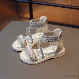 Sandals Girl's Sandals Cross-band Rhinestone Luxury Kids Princess Summer New Sliders Hollow Out Stylish Children Beach Shoes