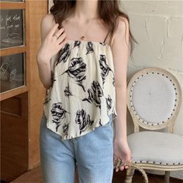 Women's Blouses Women Summer Chiffon Sexy Strap Crop Tops Vintage Rose Print Square Collar Camisole Lightweight Cool Party Style