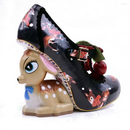 Dress Shoes Womens Real Leather Cherry Irregular Strange High Print Deer Heel Pumps Luxury DIY Sweet Lolita 2023