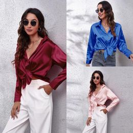 Women's Blouses Women Elegant Satin Imitation Silk Long Sleeve Turn-down Collar Shirt Fashion Causal Slim Solid Color For