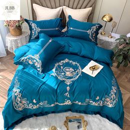 Bedding Sets Chinese Style Ancient Rhyme Embroidery 100S Egyptian Cotton Blue Duvet Cover Bed Sheet Linen Pillowcases Set