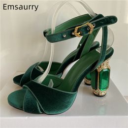 Sandals Luxury Velvet Diamond Heel Summer Shoes Women's Cross Strap Ankle Bracelet Shoulder Strap Jewelry High Heel Party Sandals Women's 230506