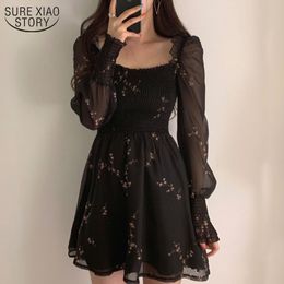 Party Dresses Spring Womens Sexy Black Dress Vintage Flower Long Puff Sleeve Chiffon Dresses Korean Casual Mini Vestidos Mujer Clothes 13676 230508