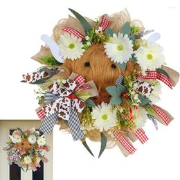 Decorative Flowers Highland Cow Wreath Bow Leaves Welcome Door Hanger Spring Summer Floral Front Wall Window Decor Home Decorations