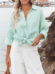 Women's Blouses Shirts Woman Soft Mint Green Cotton Shirts 2022 Spring Female Pocket Long Sleeve Shirt Ladies Sweet Loose Solid Shirts T230508