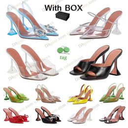 Satin High Amina Muaddi wedding Sandals Heeled Shoes Dress Shoe Luxury Designer Bow Crystal-Embellished Buckle Pointed Toe Sunflower Pcv Sandal Dinner With Box