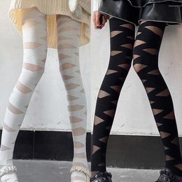 Women Socks Japanese Style Stockings Pantyhose See-through Cross Solid Color Bandage Thin Cosplay High Elasticity Club For Colleg