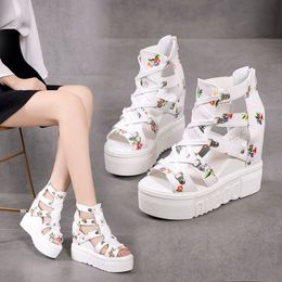 Sandals High-heeled Sandals Women's Summer Thick-bottomed Wedge Hollow Fish Mouth Roman Style Gladiator Casual Zipper Platform Shoe 230508