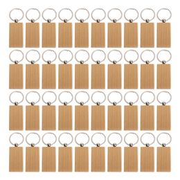 Keychains Lanyards 40 Pcs Blank Wooden Keychain Rectangular Engraving Key Diy Wood Keychains Key Tags Can Engrave Diy Gifts 230506