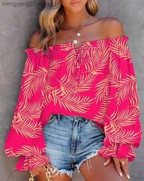 Women's Blouses Shirts Sexy Boho Off Shoulder Print Shirts Blouses Spring Summer Women Ruffles Lace Up Shirt Casual Loose Womens Tops And Blouses T230508