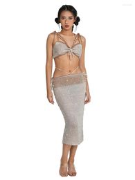 Casual Dresses Women Knit Skirt Set Tie-up Sequined Backless Camisole With Low Waist Long For Beach Party