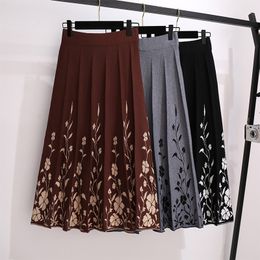 Skirts Black Grey Red Floral Knitted Long Pleated Female Women'S Skirts Clothes Spring Winter Autumn Vintage High-Waisted D0430 230508